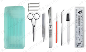 Dissection Kit features:Ruler 6",Forceps,Iris Scissors,Scalpel,Glass Dropper,Dissecting Needle,T-Pins